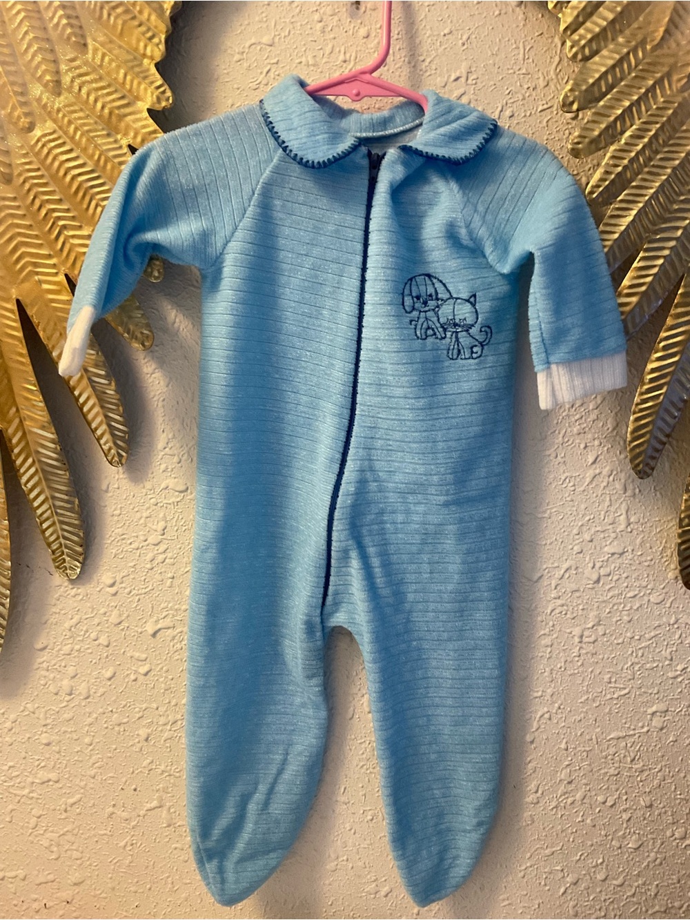 Vintage Baby Blue & White Sleeper w Cat  Dog Newborn Boy 1970s